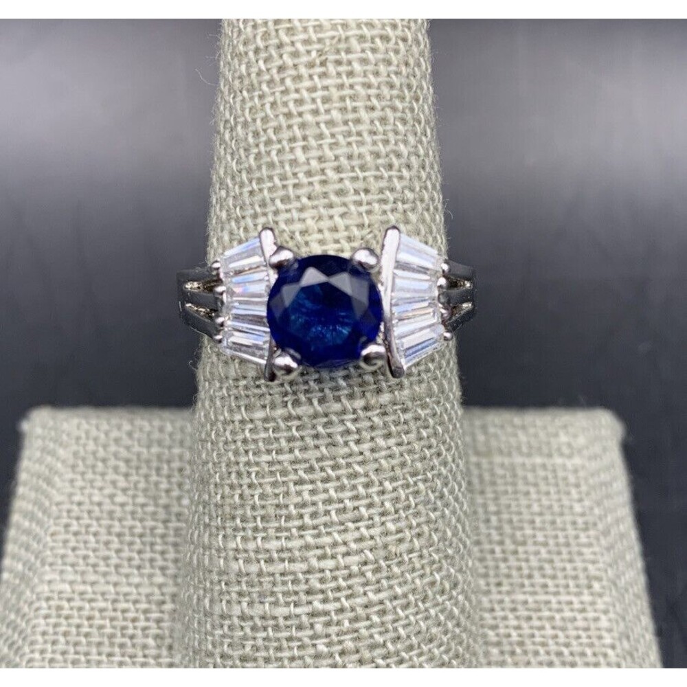 White Gold Electroplated Ring 18KGE Dark Blue Glass Clear Baguette Accent Size 8
